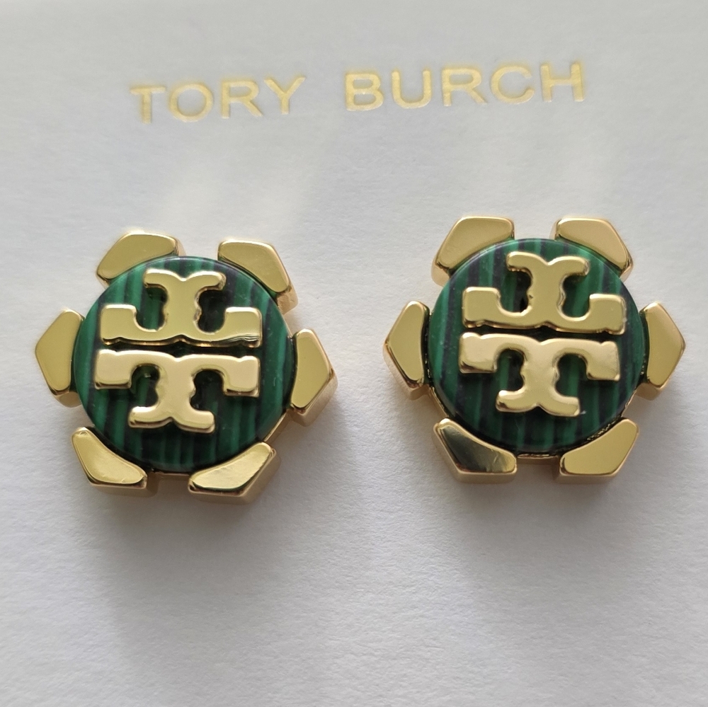 Tory Burch Green/Gold Logo Studs
